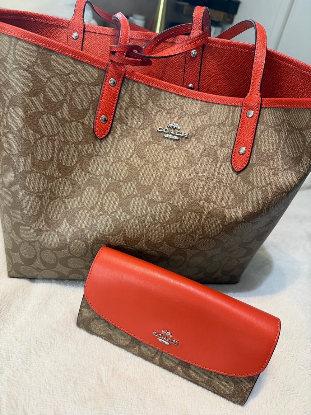 Coach Tan Signature Canvas Tote with Red Trim and Wallet
